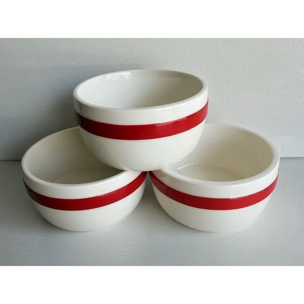 Set Of 3 Christmas Ramekins 4in Red Bow Ceramic Oven Safe Baking Dish New